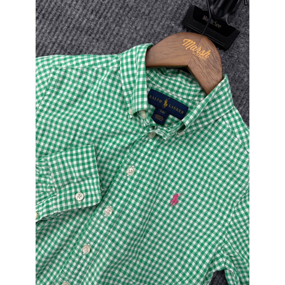 Ralph Lauren Boys Green Gingham Button Down Shirt Pink Pony Logo Size S 8